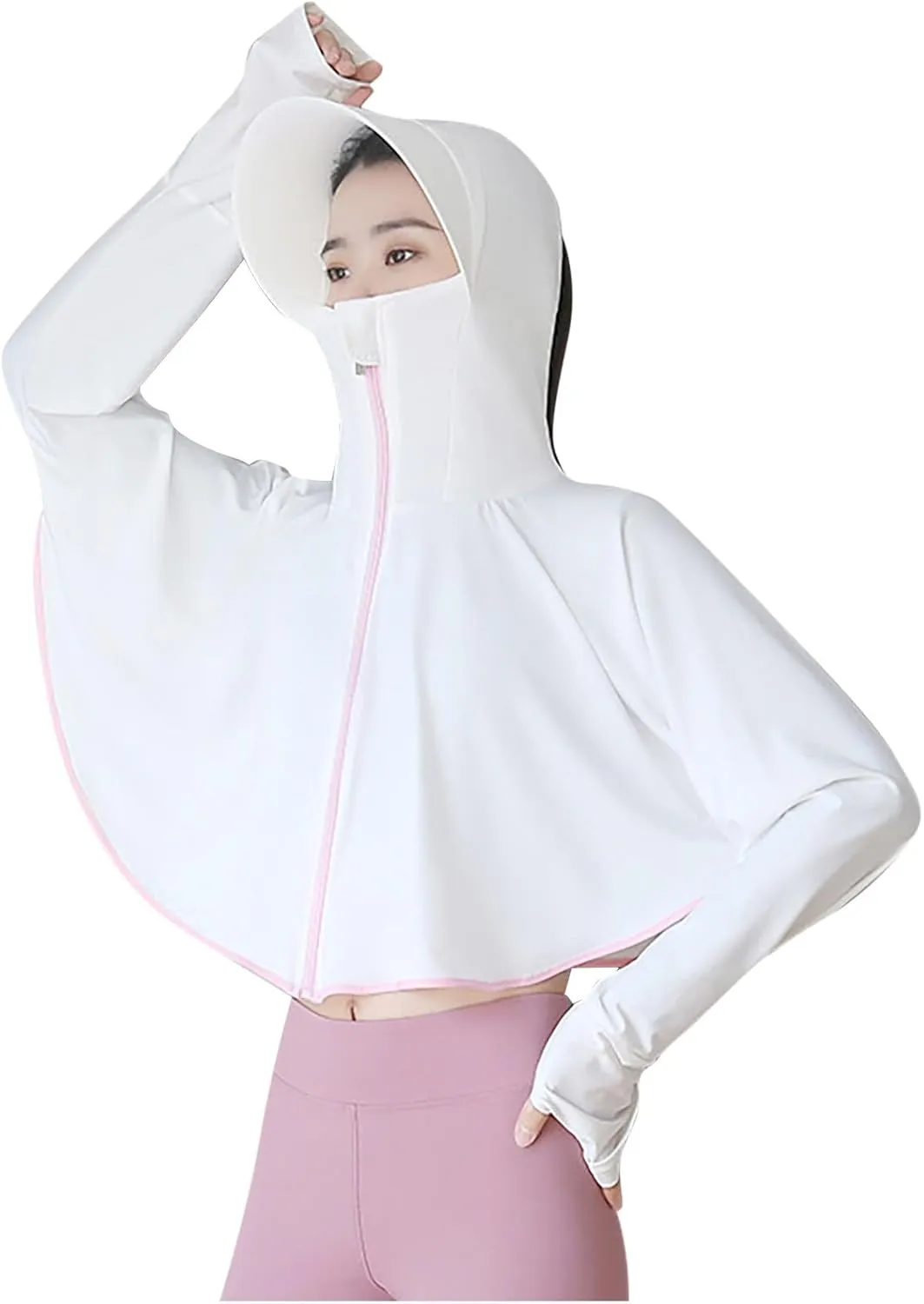 HGps8w Womens UPF 50  Sun Protection Cape Hoodie Jacket Lightweight Outdoor Cropped Sun Shirts with Face Mask & Thumb Holes