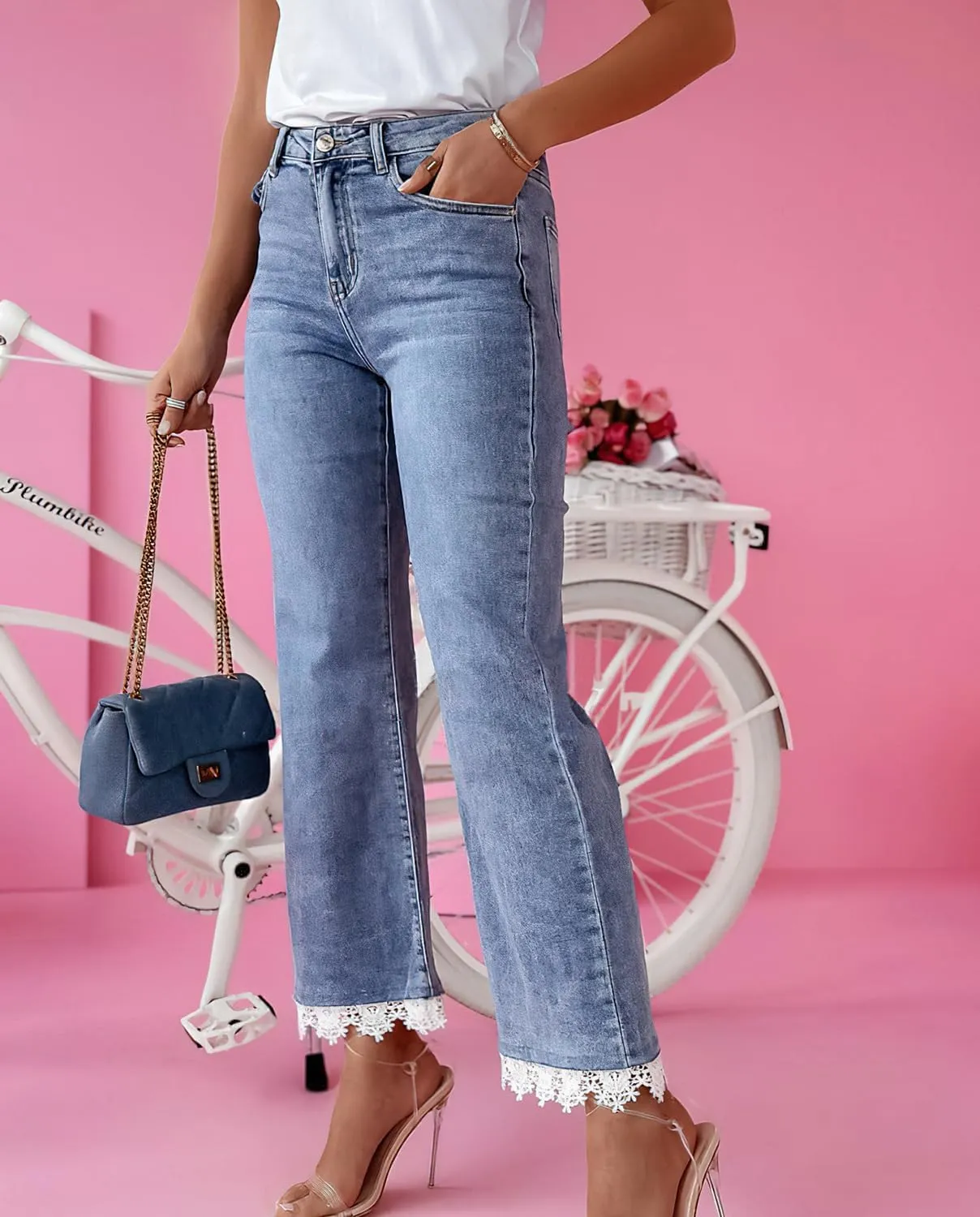 High Waisted Flare Jeans for Women Lace Trim Stretch Bell Bottom Ankle Jeans Wide Flare Leg Short Denim Pants