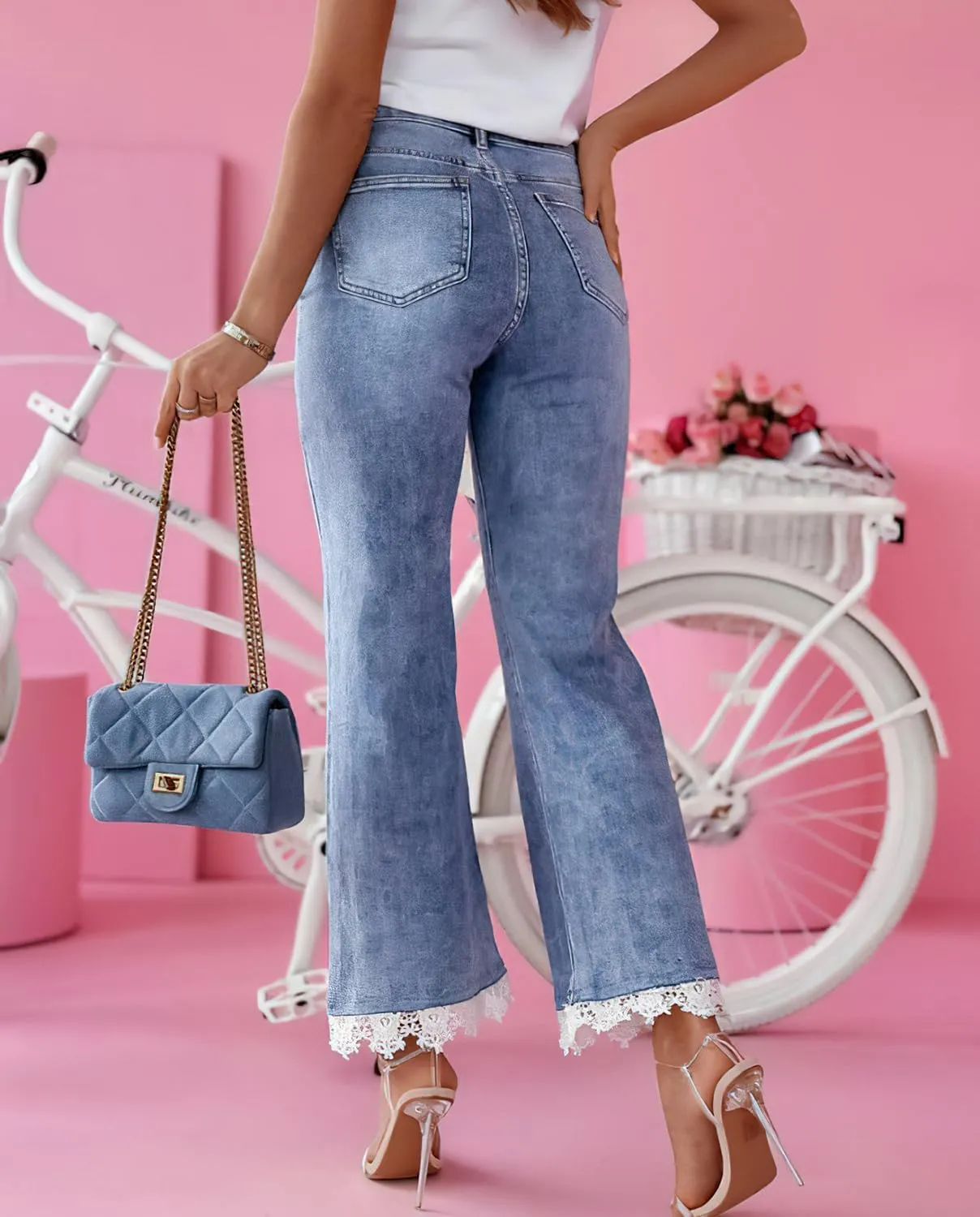 High Waisted Flare Jeans for Women Lace Trim Stretch Bell Bottom Ankle Jeans Wide Flare Leg Short Denim Pants