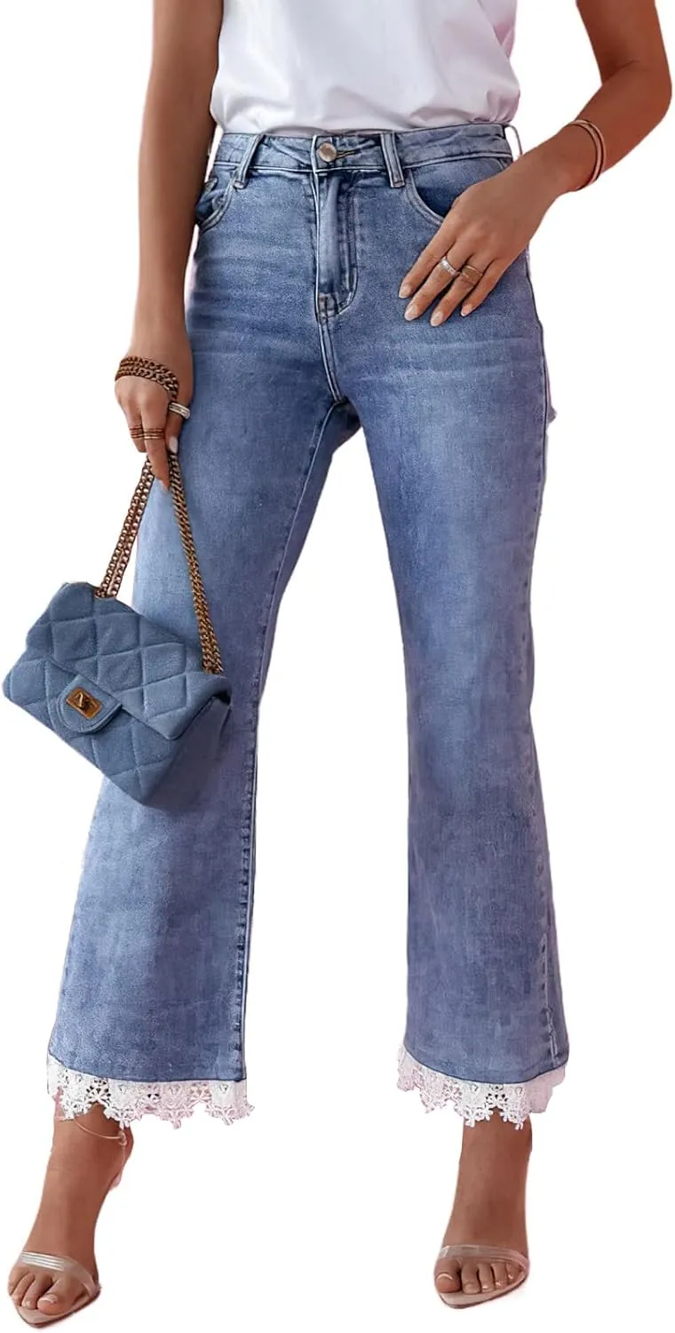 High Waisted Flare Jeans for Women Lace Trim Stretch Bell Bottom Ankle Jeans Wide Flare Leg Short Denim Pants
