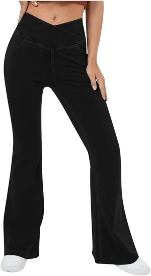 High Waisted Stretchy Flare Jeans for Women Trendy 2024 Bootcut Bell Bottom Jeans V Cross Tummy Control Flare Pants