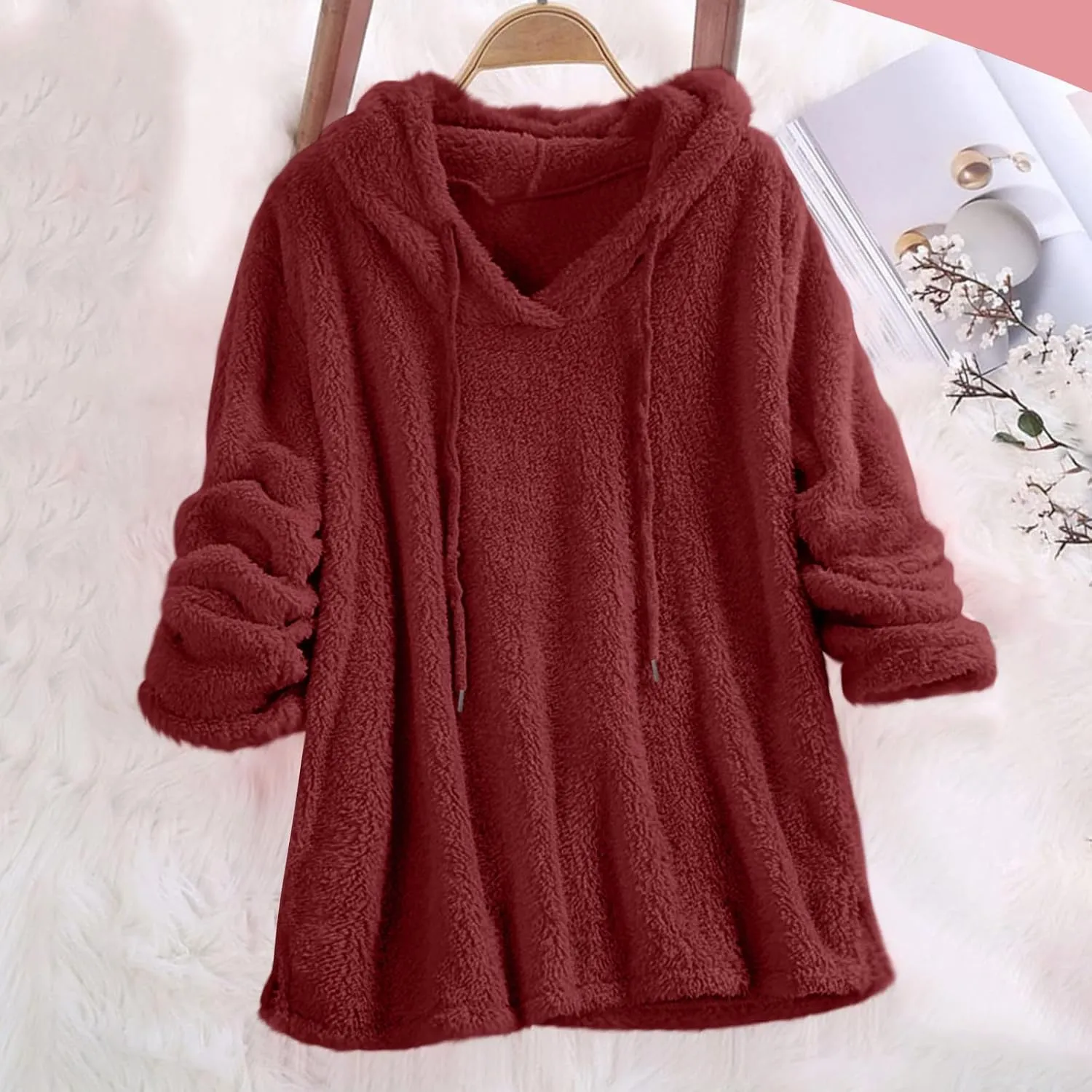 Hooded Sweatshirt for Women Trendy Loose Fit Long Sleeve Solid Color Sweaters Comfort Casual Drawstring Hoodies
