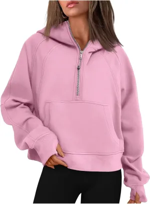 Hoodies Sweatshirts for Women Quarter Half Zip Cropped Fleece Pullover Casual Loose Long Sleeve Tops