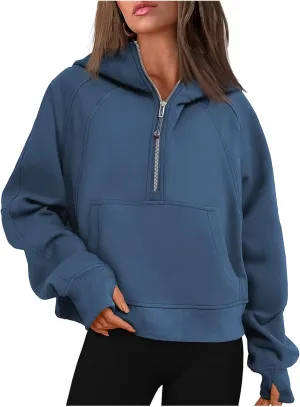 Hoodies Sweatshirts for Women Quarter Half Zip Cropped Fleece Pullover Casual Loose Long Sleeve Tops