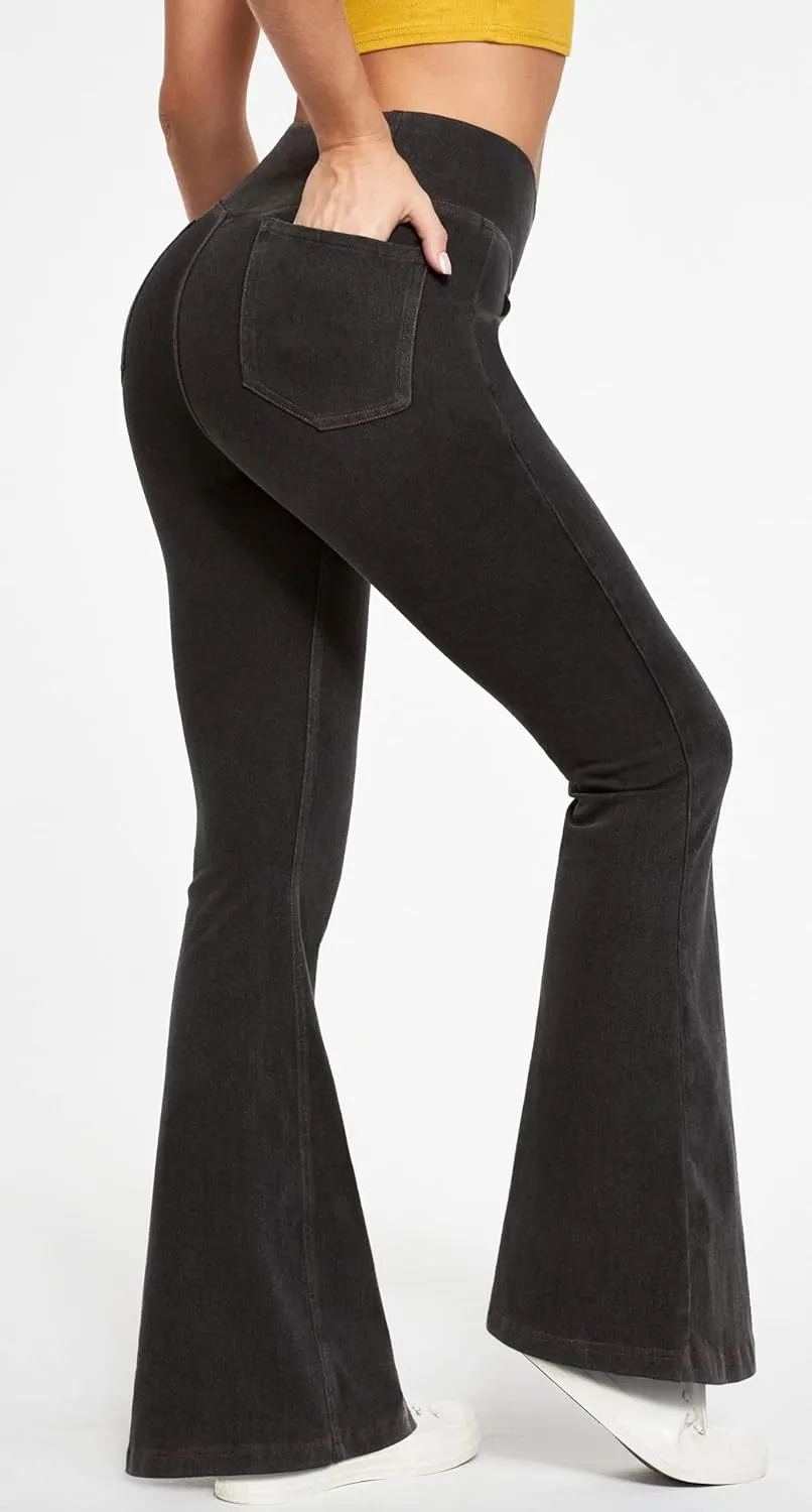 IUGA Bell Bottom Jeans for Women High Waisted Stretchy Flare Jeans Pull On Wide Leg Jeans V Cross Tummy Control Flare Pants