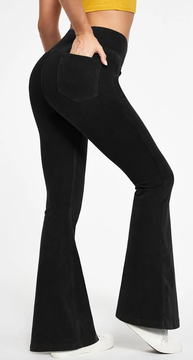 IUGA Bell Bottom Jeans for Women High Waisted Stretchy Flare Jeans Pull On Wide Leg Jeans V Cross Tummy Control Flare Pants