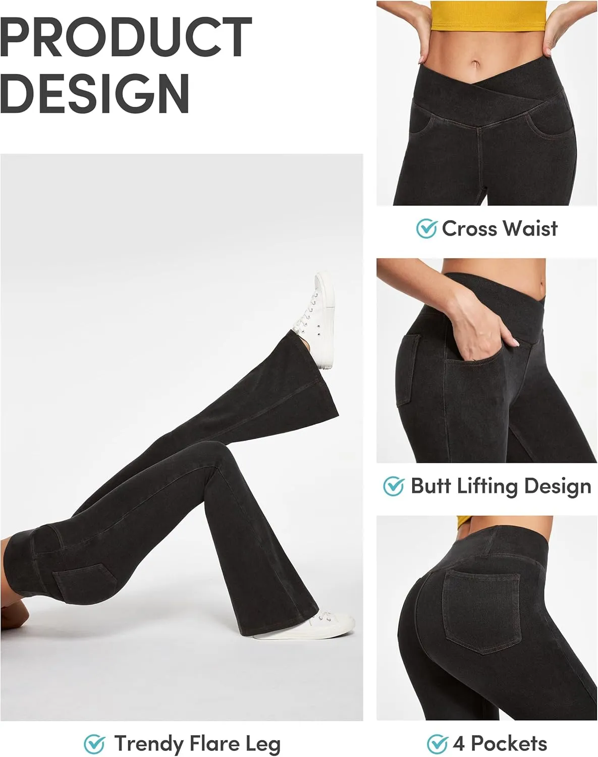 IUGA Bell Bottom Jeans for Women High Waisted Stretchy Flare Jeans Pull On Wide Leg Jeans V Cross Tummy Control Flare Pants