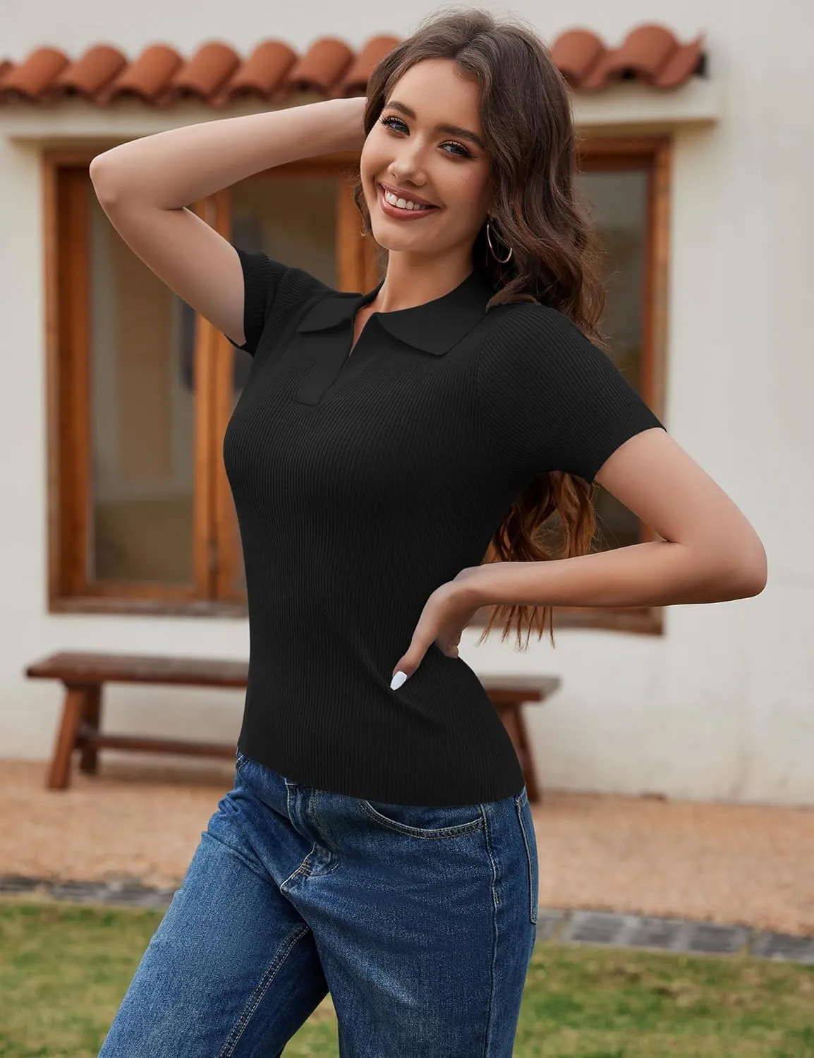 Ivicoer Womens 2025 Summer V Neck Short Sleeve T Shirts Slim Fitted Ribbed Knit Casual Tee Tops
