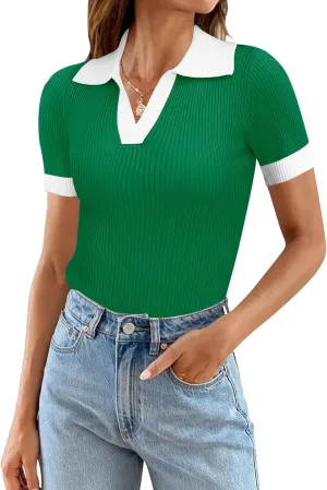 Ivicoer Womens 2025 Summer V Neck Short Sleeve T Shirts Slim Fitted Ribbed Knit Casual Tee Tops