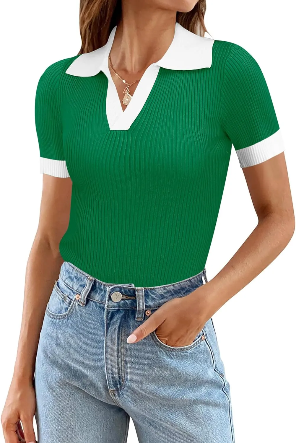 Ivicoer Womens 2025 Summer V Neck Short Sleeve T Shirts Slim Fitted Ribbed Knit Casual Tee Tops