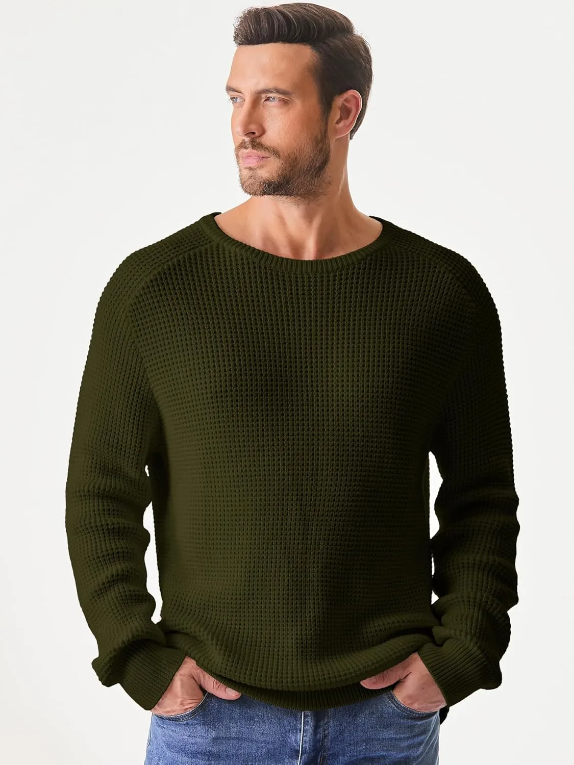 JMIERR Men's Crewneck Pullover Sweater Waffle Textured Knitted Sweaters Casual Loose Fit Sweaters with Ribbing Edge