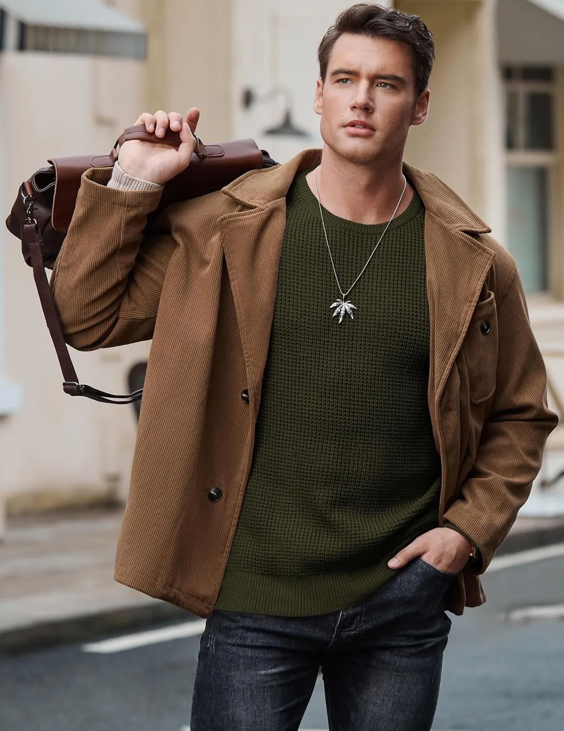 JMIERR Men's Crewneck Pullover Sweater Waffle Textured Knitted Sweaters Casual Loose Fit Sweaters with Ribbing Edge