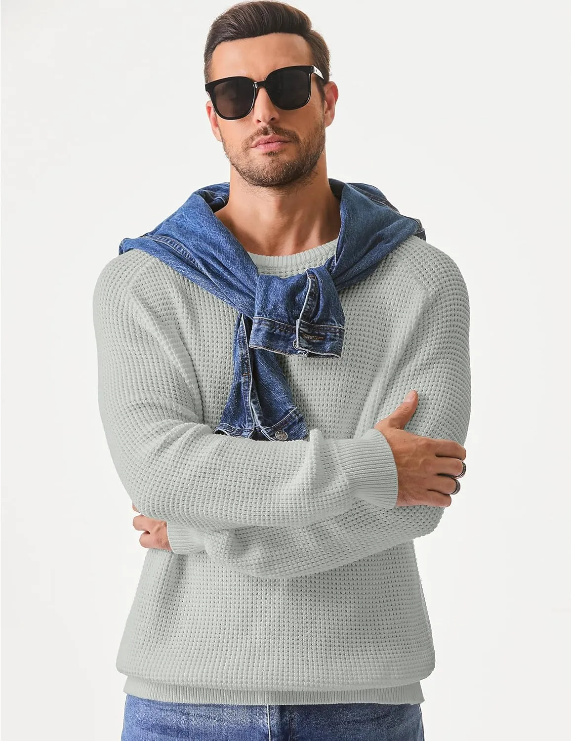JMIERR Men's Crewneck Pullover Sweater Waffle Textured Knitted Sweaters Casual Loose Fit Sweaters with Ribbing Edge