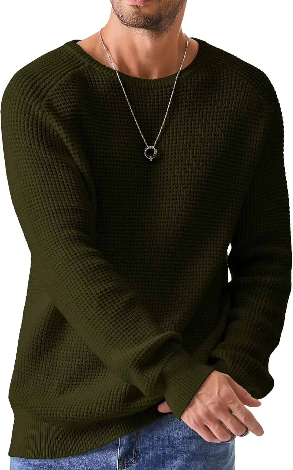 JMIERR Men's Crewneck Pullover Sweater Waffle Textured Knitted Sweaters Casual Loose Fit Sweaters with Ribbing Edge
