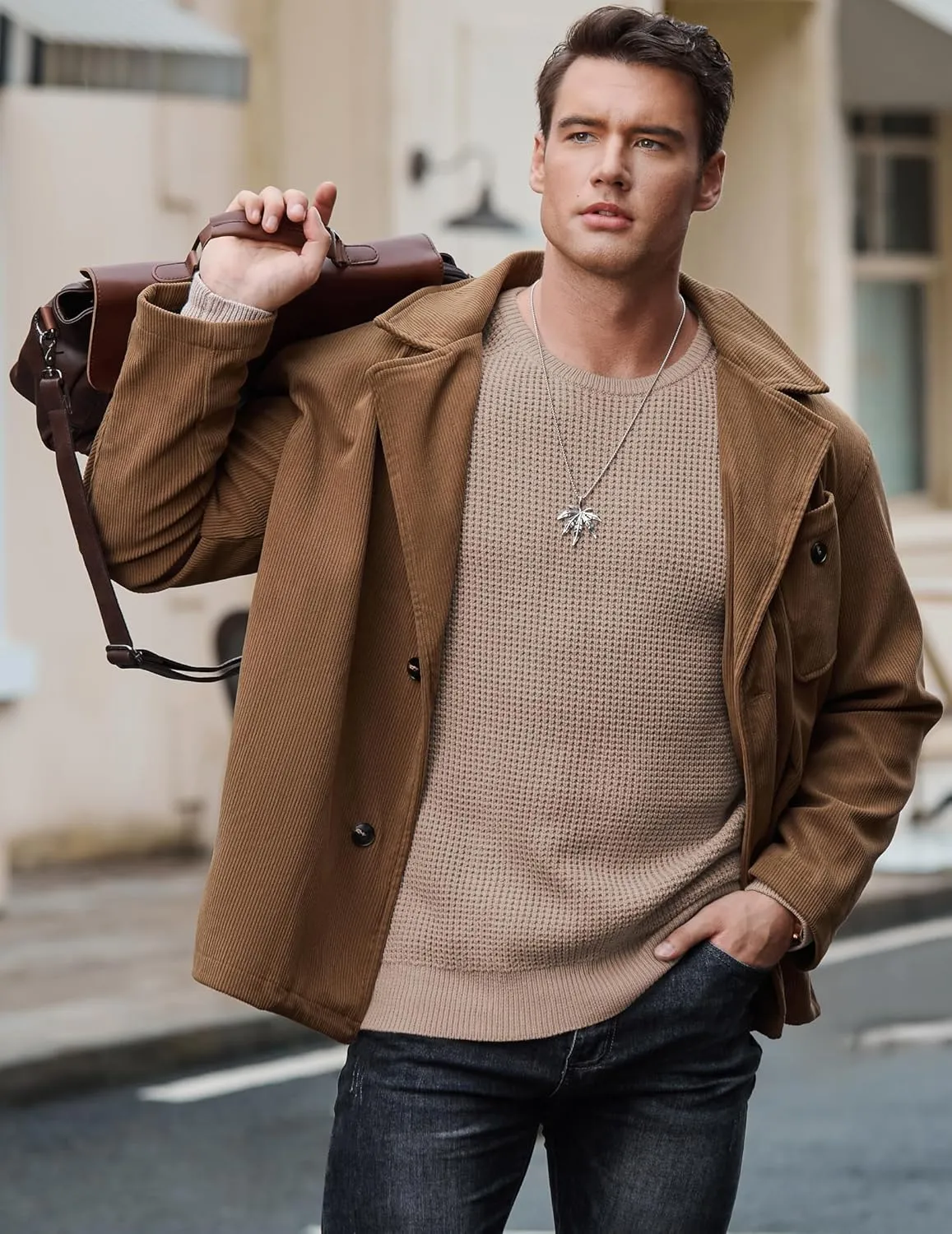 JMIERR Men's Crewneck Pullover Sweater Waffle Textured Knitted Sweaters Casual Loose Fit Sweaters with Ribbing Edge