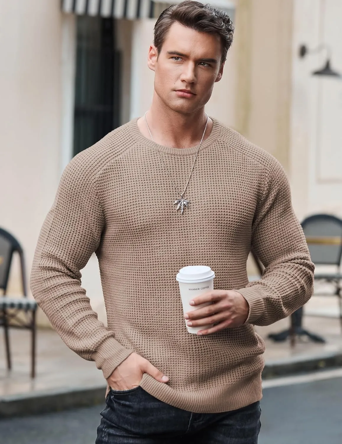 JMIERR Men's Crewneck Pullover Sweater Waffle Textured Knitted Sweaters Casual Loose Fit Sweaters with Ribbing Edge