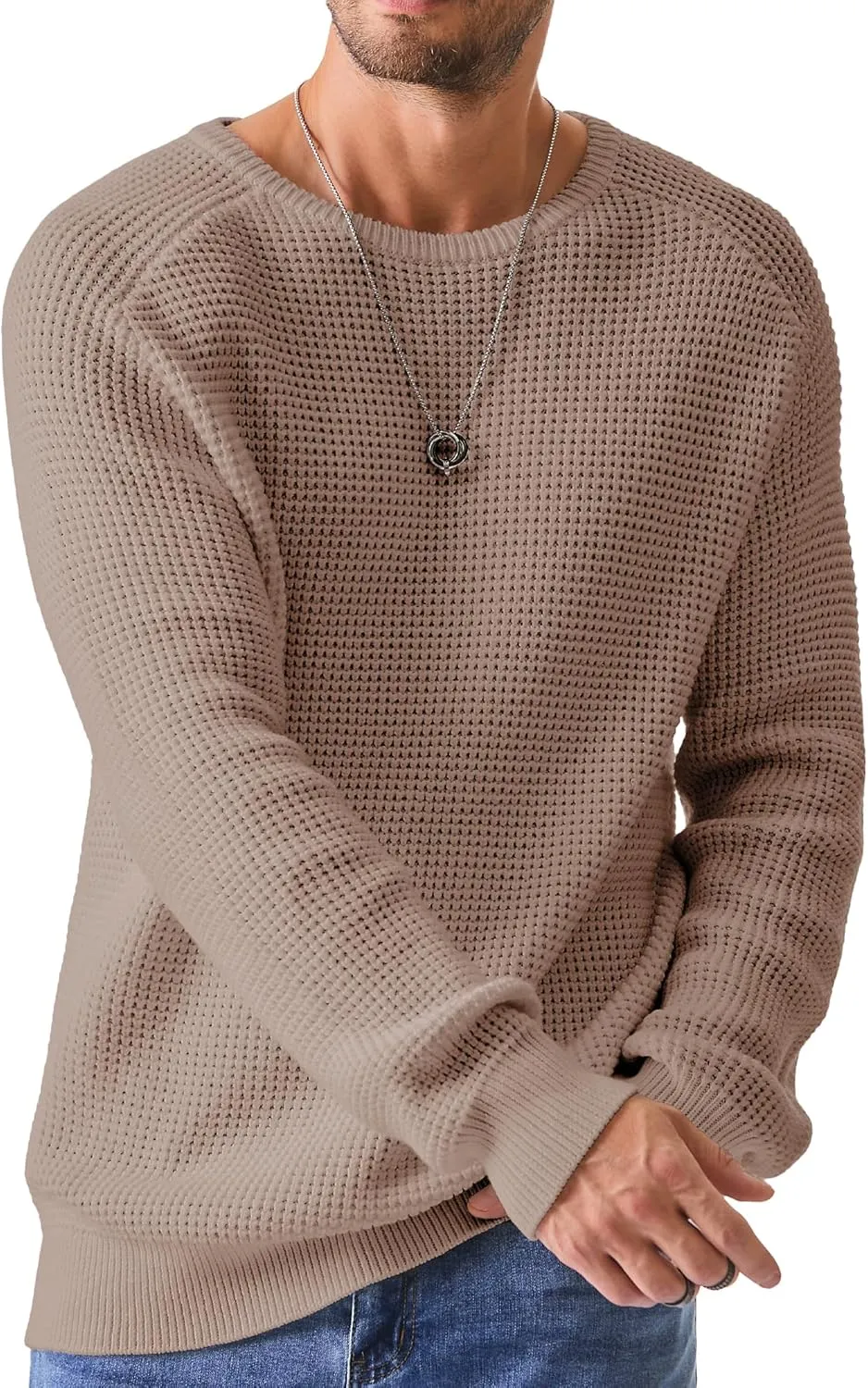 JMIERR Men's Crewneck Pullover Sweater Waffle Textured Knitted Sweaters Casual Loose Fit Sweaters with Ribbing Edge