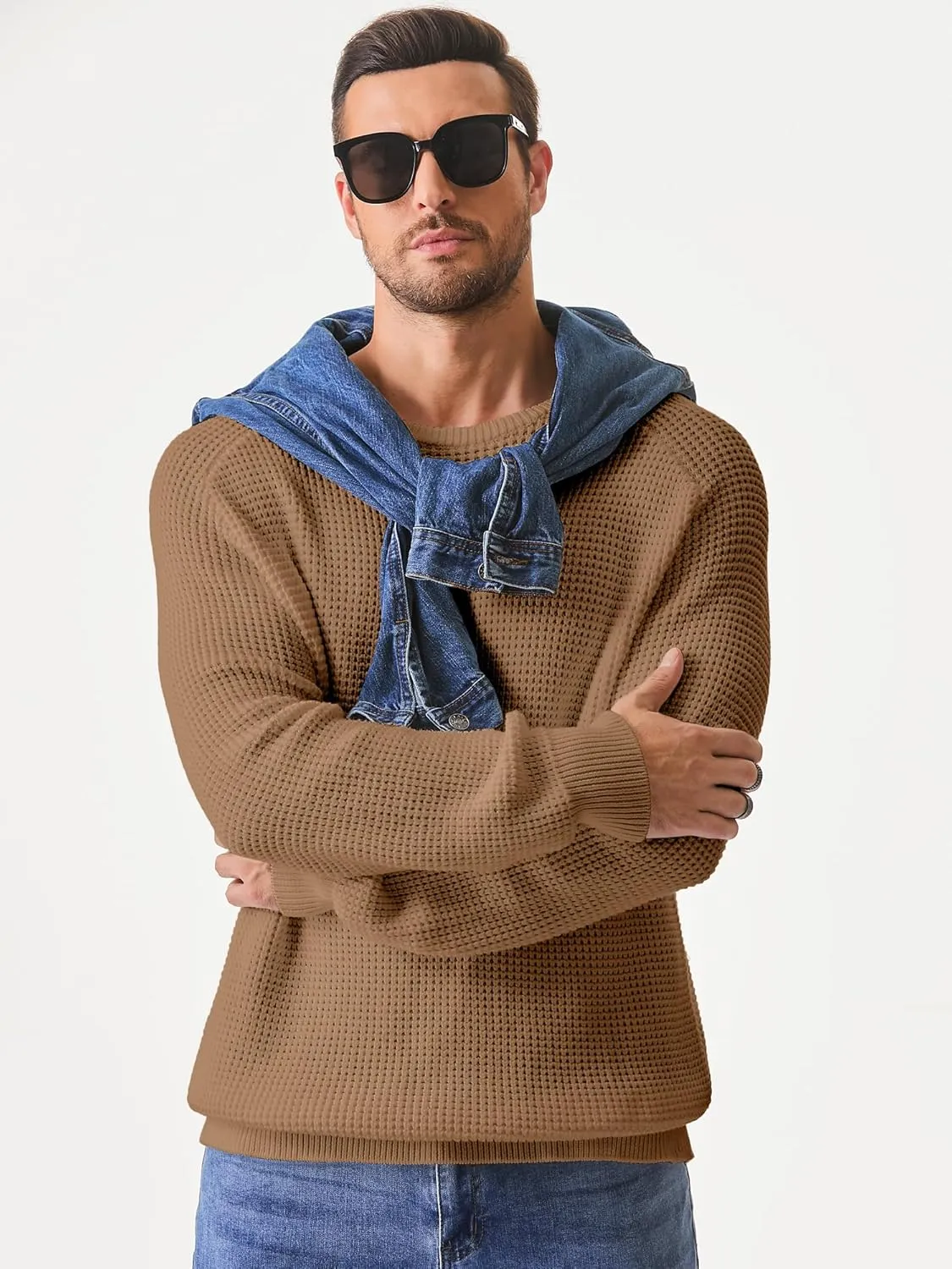 JMIERR Men's Crewneck Pullover Sweater Waffle Textured Knitted Sweaters Casual Loose Fit Sweaters with Ribbing Edge