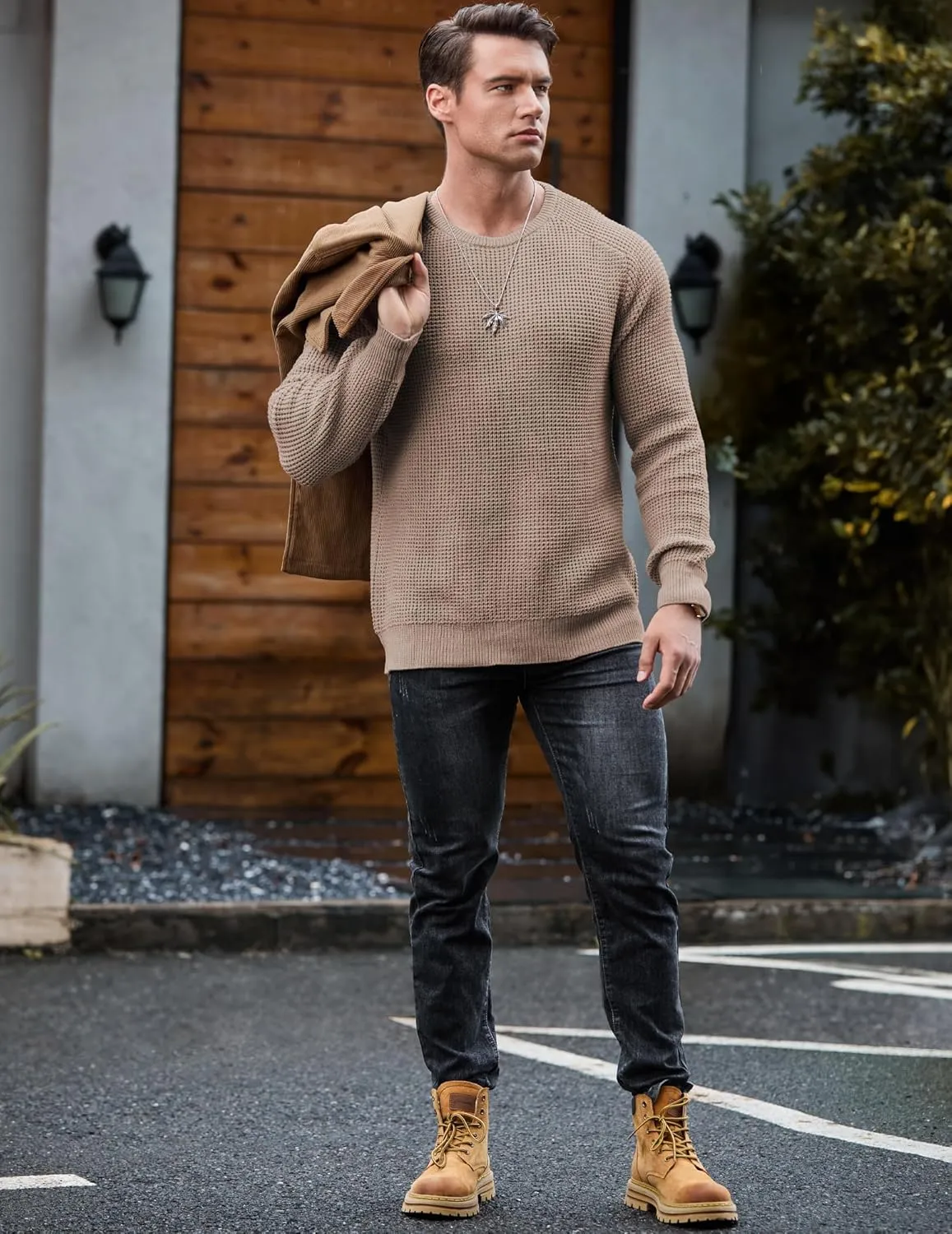 JMIERR Men's Crewneck Pullover Sweater Waffle Textured Knitted Sweaters Casual Loose Fit Sweaters with Ribbing Edge