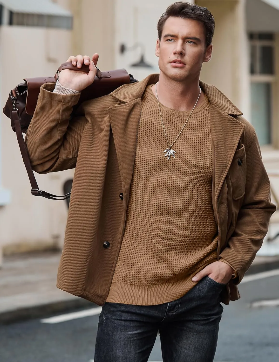 JMIERR Men's Crewneck Pullover Sweater Waffle Textured Knitted Sweaters Casual Loose Fit Sweaters with Ribbing Edge