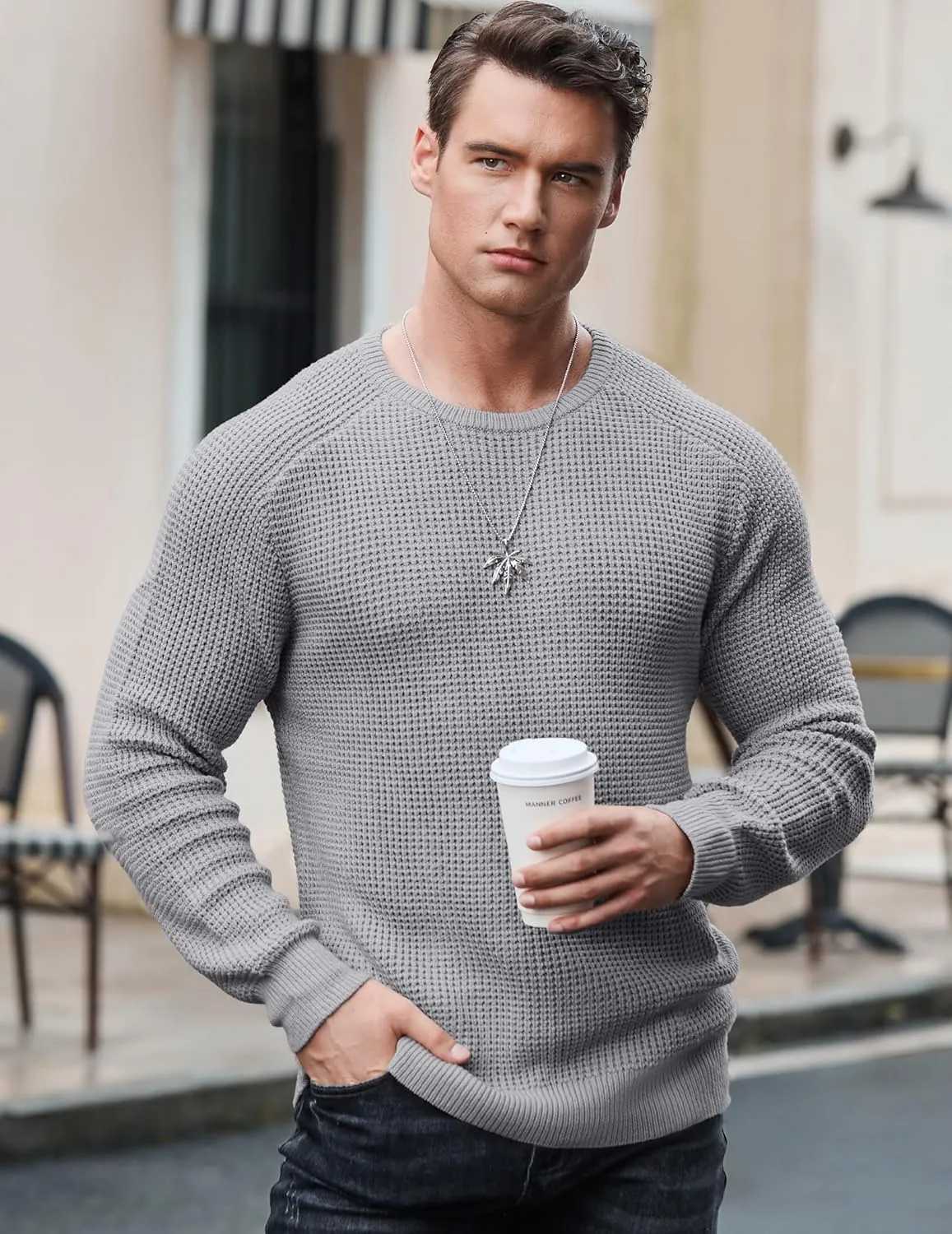 JMIERR Men's Crewneck Pullover Sweater Waffle Textured Knitted Sweaters Casual Loose Fit Sweaters with Ribbing Edge