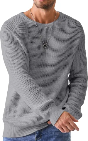 JMIERR Men's Crewneck Pullover Sweater Waffle Textured Knitted Sweaters Casual Loose Fit Sweaters with Ribbing Edge