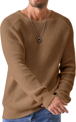 JMIERR Men's Crewneck Pullover Sweater Waffle Textured Knitted Sweaters Casual Loose Fit Sweaters with Ribbing Edge