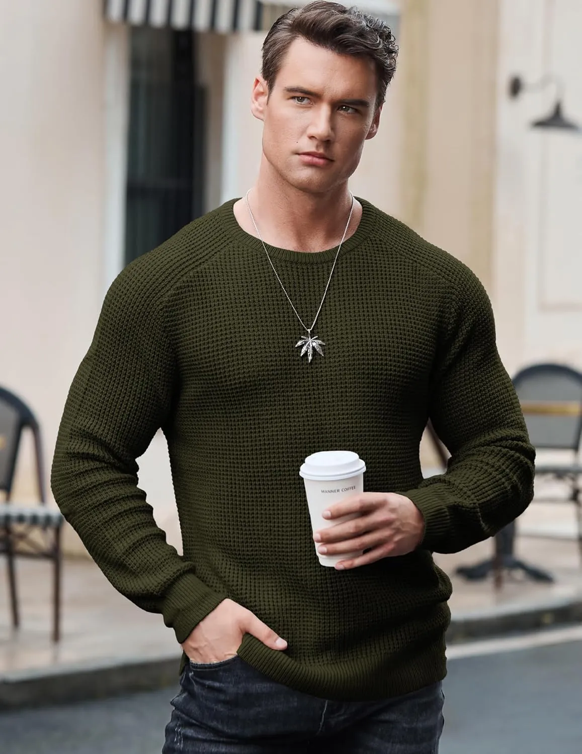JMIERR Men's Crewneck Pullover Sweater Waffle Textured Knitted Sweaters Casual Loose Fit Sweaters with Ribbing Edge