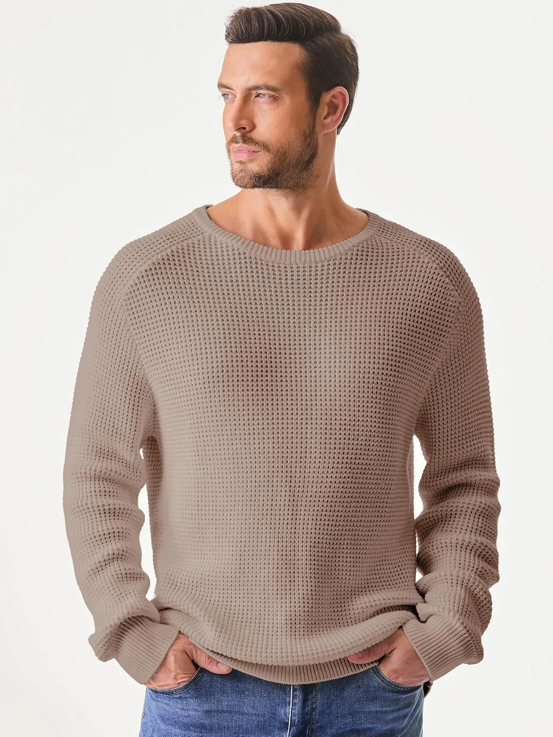JMIERR Men's Crewneck Pullover Sweater Waffle Textured Knitted Sweaters Casual Loose Fit Sweaters with Ribbing Edge
