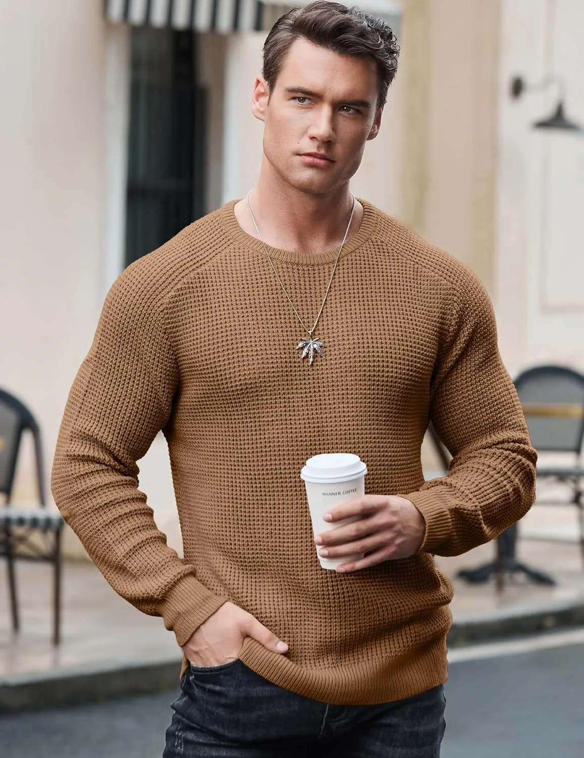 JMIERR Men's Crewneck Pullover Sweater Waffle Textured Knitted Sweaters Casual Loose Fit Sweaters with Ribbing Edge