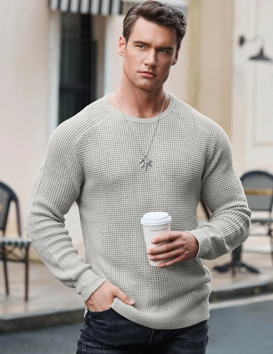 JMIERR Men's Crewneck Pullover Sweater Waffle Textured Knitted Sweaters Casual Loose Fit Sweaters with Ribbing Edge