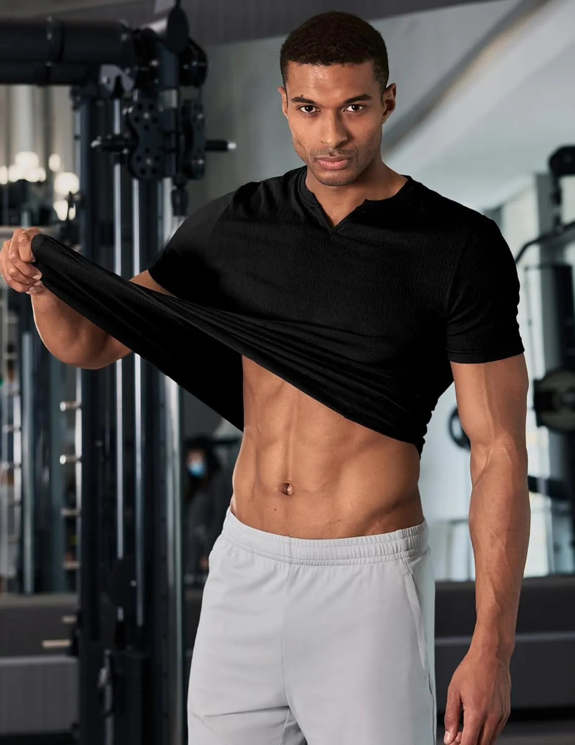 JMIERR Mens Muscle Slim T Shirt Texture V Neck Longline Henley Gym Workout Athletic Tee Shirts