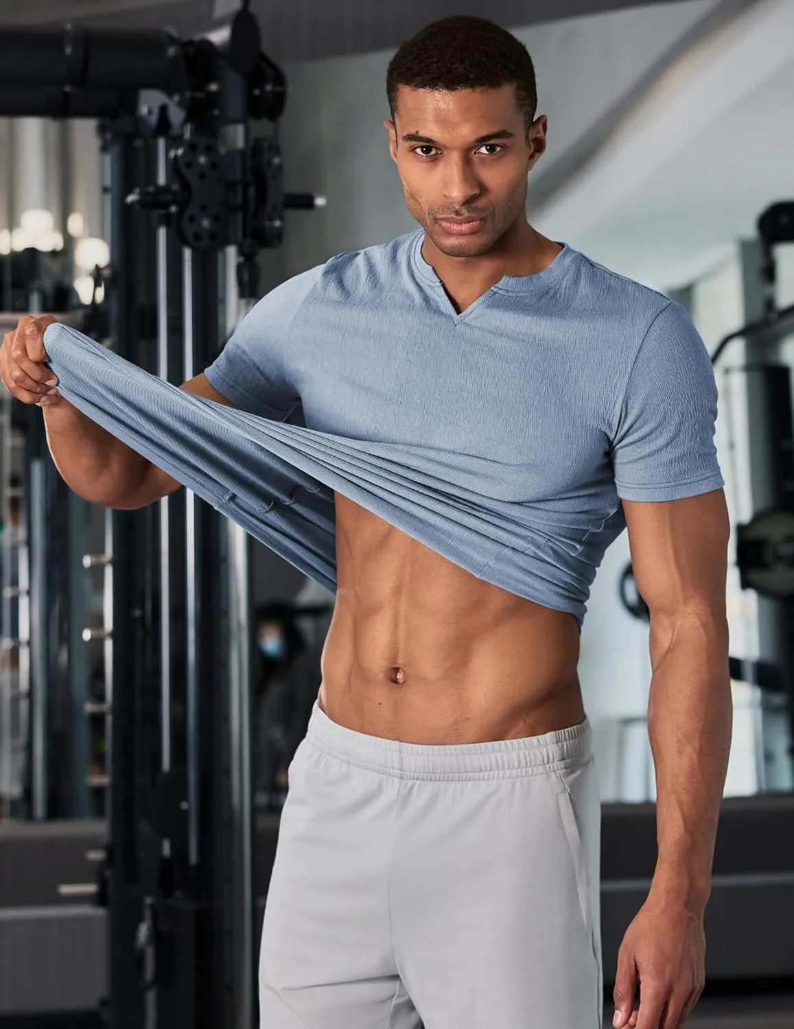 JMIERR Mens Muscle Slim T Shirt Texture V Neck Longline Henley Gym Workout Athletic Tee Shirts