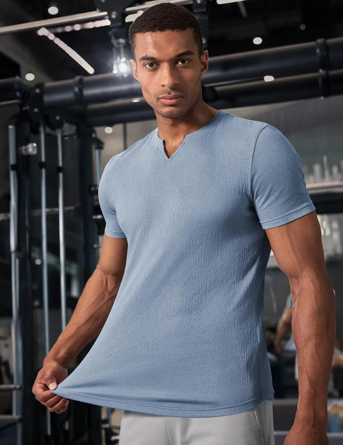 JMIERR Mens Muscle Slim T Shirt Texture V Neck Longline Henley Gym Workout Athletic Tee Shirts