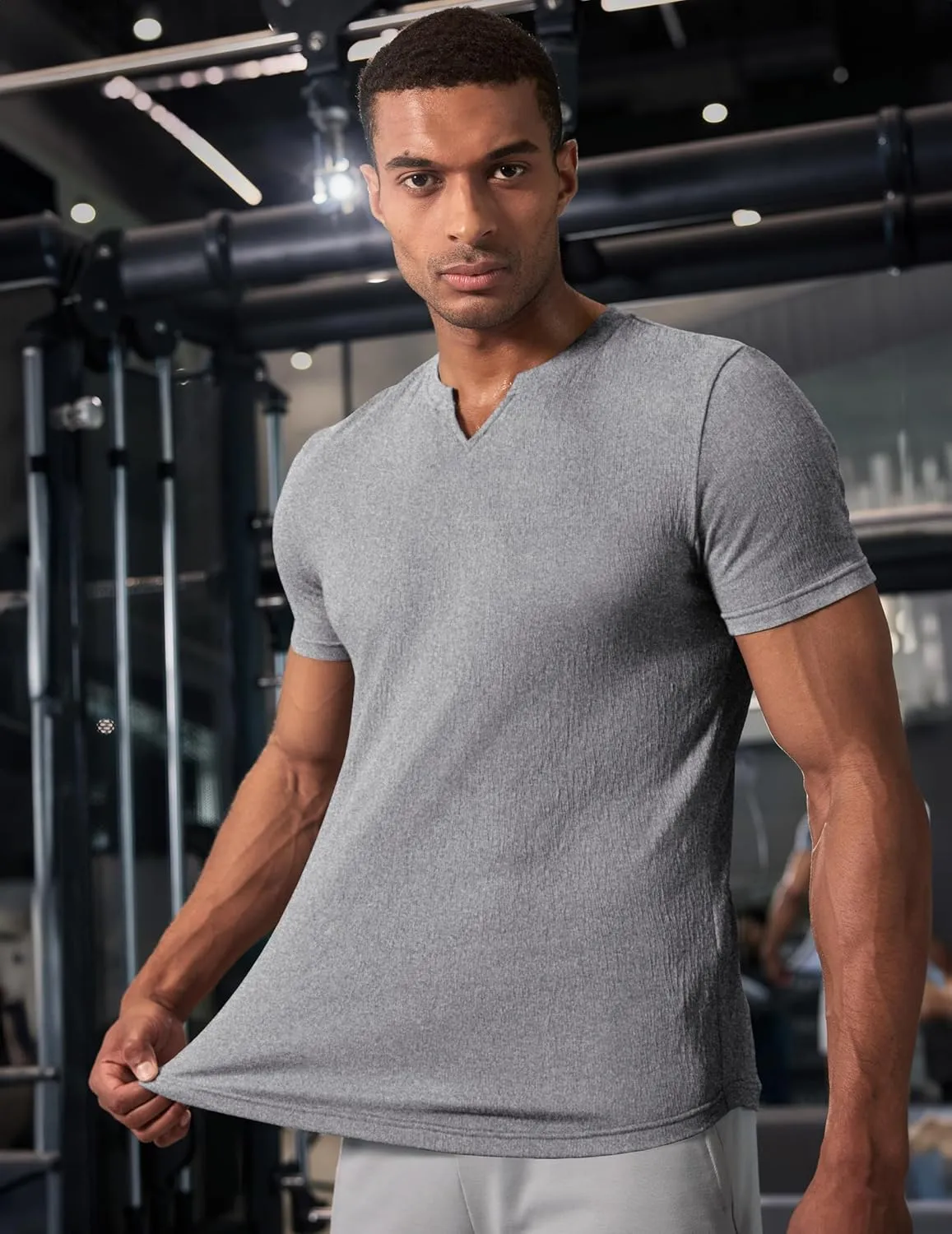 JMIERR Mens Muscle Slim T Shirt Texture V Neck Longline Henley Gym Workout Athletic Tee Shirts