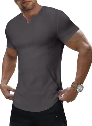 JMIERR Mens Muscle Slim T Shirt Texture V Neck Longline Henley Gym Workout Athletic Tee Shirts