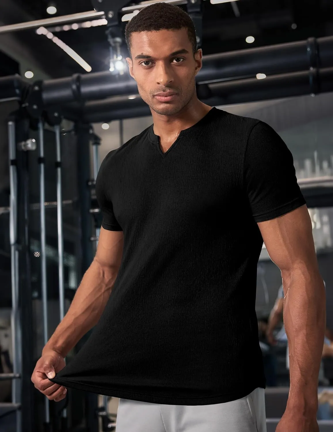 JMIERR Mens Muscle Slim T Shirt Texture V Neck Longline Henley Gym Workout Athletic Tee Shirts