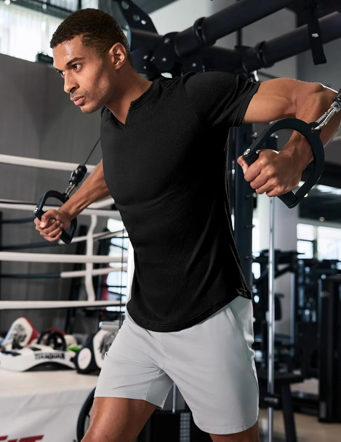 JMIERR Mens Muscle Slim T Shirt Texture V Neck Longline Henley Gym Workout Athletic Tee Shirts