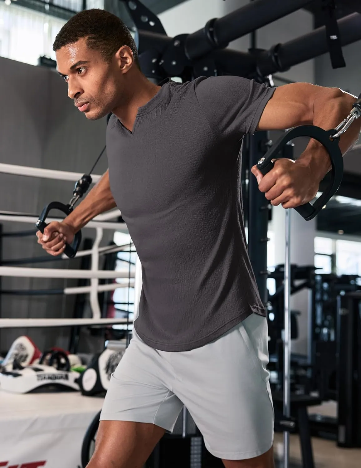 JMIERR Mens Muscle Slim T Shirt Texture V Neck Longline Henley Gym Workout Athletic Tee Shirts