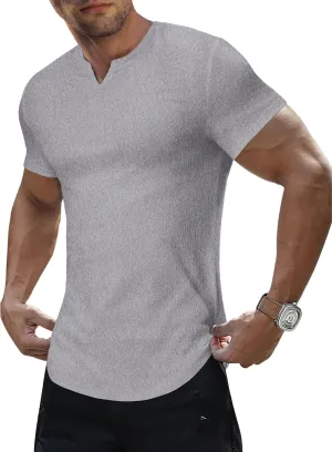 JMIERR Mens Muscle Slim T Shirt Texture V Neck Longline Henley Gym Workout Athletic Tee Shirts