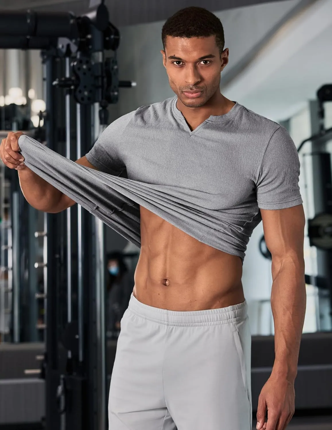 JMIERR Mens Muscle Slim T Shirt Texture V Neck Longline Henley Gym Workout Athletic Tee Shirts