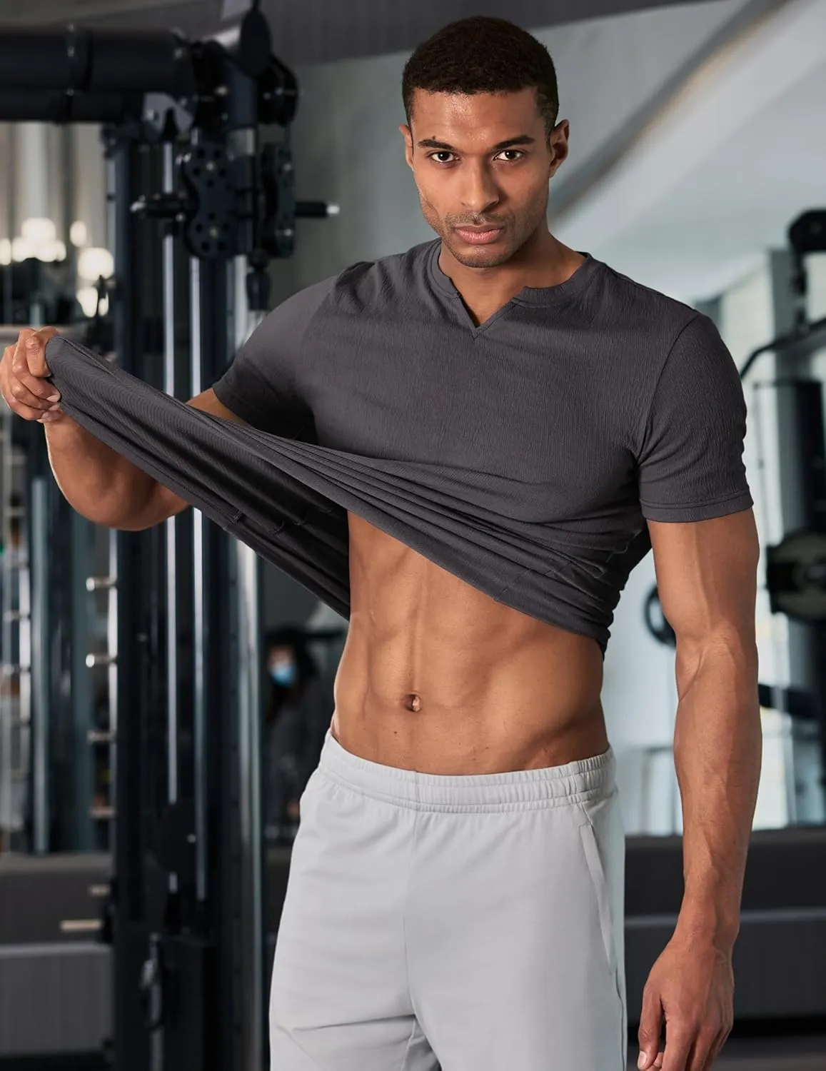 JMIERR Mens Muscle Slim T Shirt Texture V Neck Longline Henley Gym Workout Athletic Tee Shirts