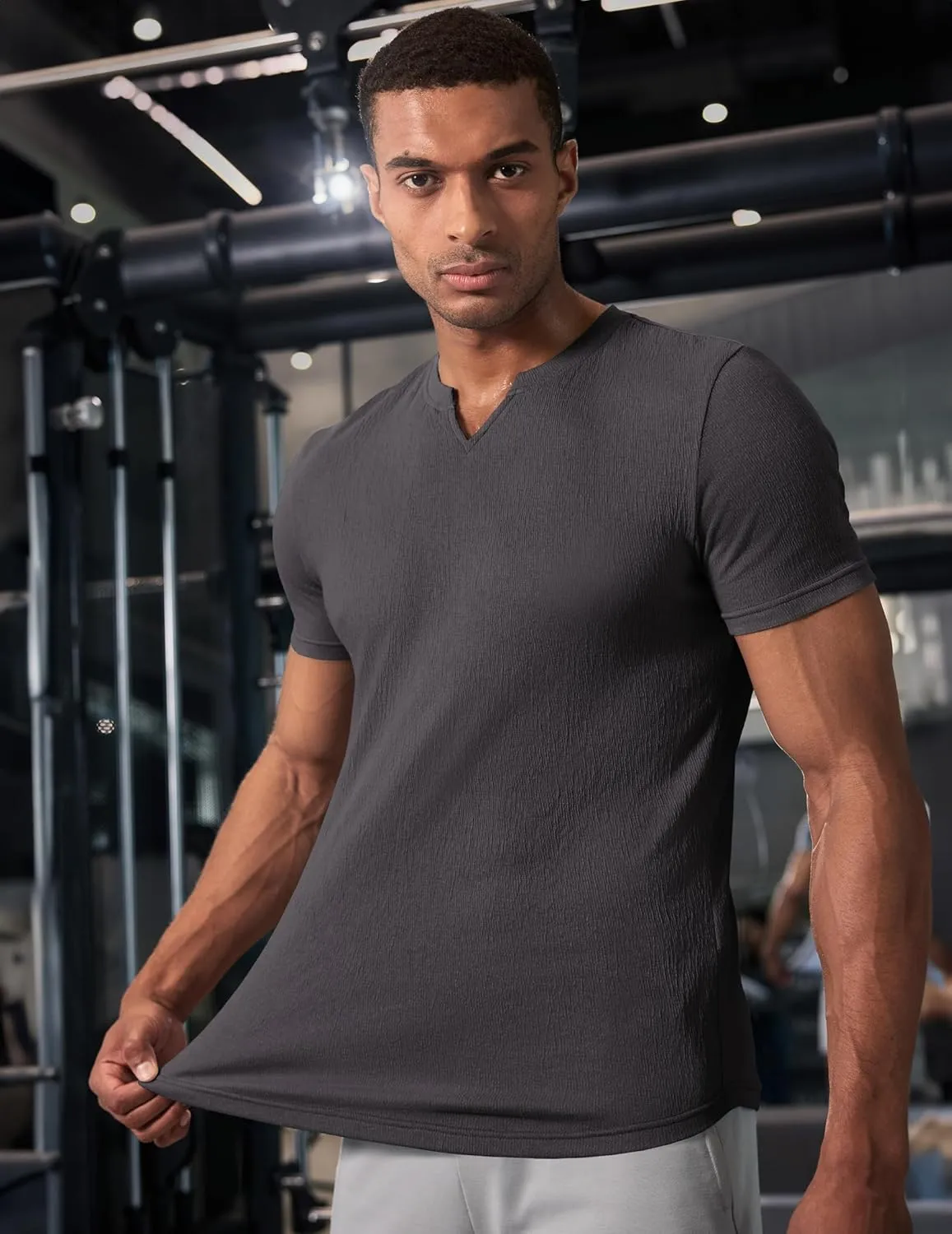 JMIERR Mens Muscle Slim T Shirt Texture V Neck Longline Henley Gym Workout Athletic Tee Shirts