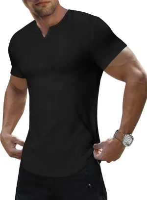 JMIERR Mens Muscle Slim T Shirt Texture V Neck Longline Henley Gym Workout Athletic Tee Shirts