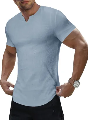 JMIERR Mens Muscle Slim T Shirt Texture V Neck Longline Henley Gym Workout Athletic Tee Shirts