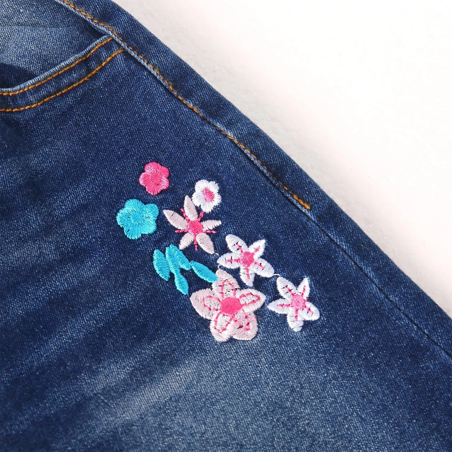 KIDSCOOL SPACE Girls Jeans, Ribbed Elastic Waist Embroidered Denim Pants
