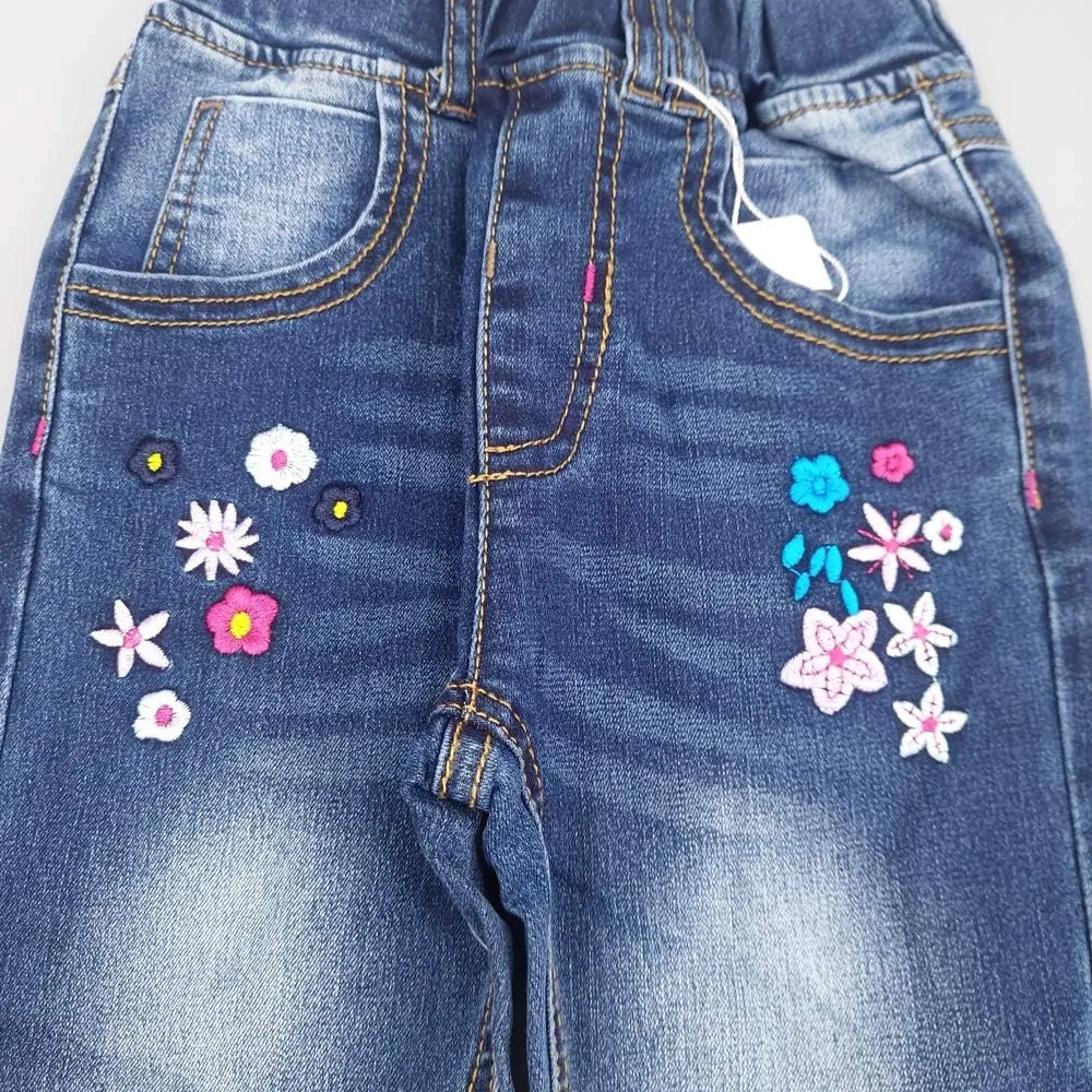 KIDSCOOL SPACE Girls Jeans, Ribbed Elastic Waist Embroidered Denim Pants