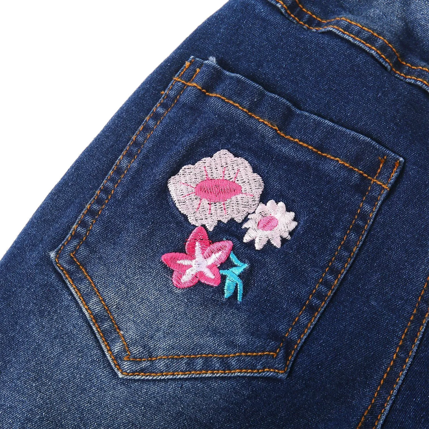 KIDSCOOL SPACE Girls Jeans, Ribbed Elastic Waist Embroidered Denim Pants