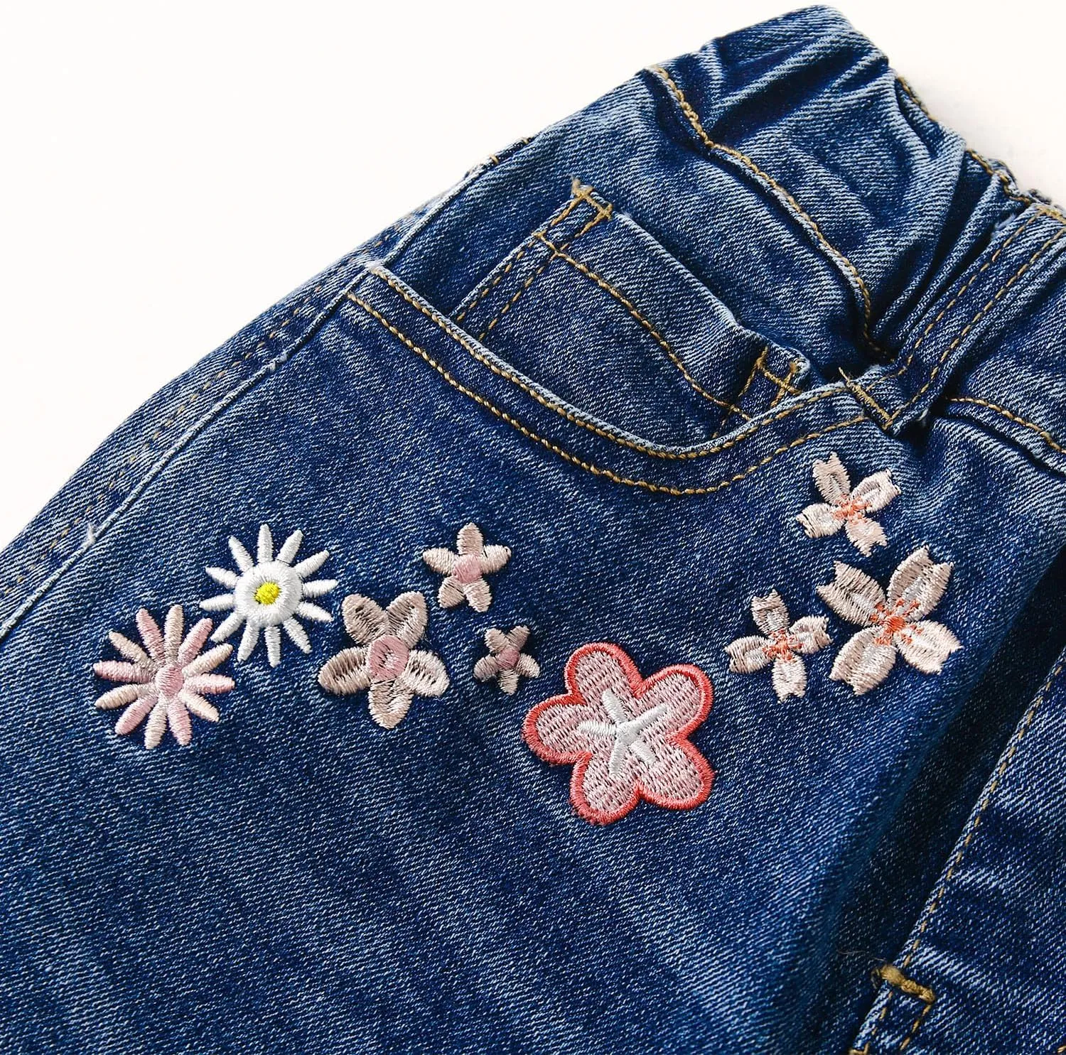 KIDSCOOL SPACE Girls Jeans, Ribbed Elastic Waist Embroidered Denim Pants