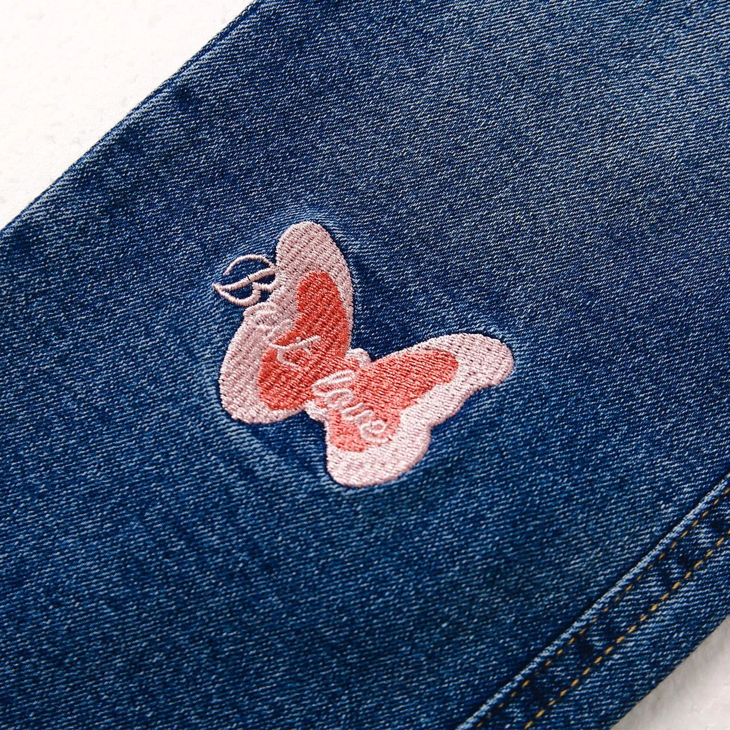 KIDSCOOL SPACE Girls Jeans, Ribbed Elastic Waist Embroidered Denim Pants